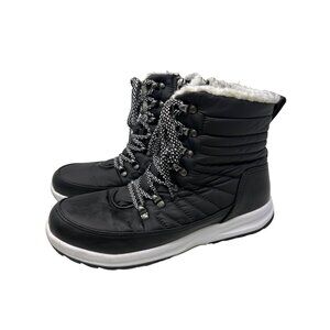 Khombu Black Quilted Lace-Up Winter Boots Size 9 Shearling Lining Side Zipper Cl